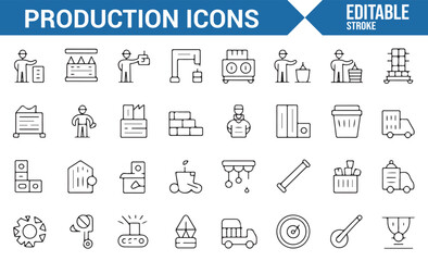 Production and Industry Icons Featuring Workers, Machines, and Tools