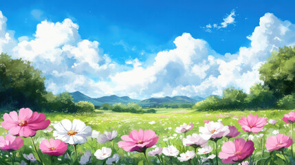 Obraz premium Peaceful meadow with pink and white wildflowers bright blue sky and fluffy clouds, surrounded by green trees and distant hills