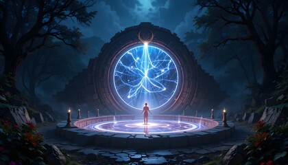 Magic portal in stone circle glowing in night
