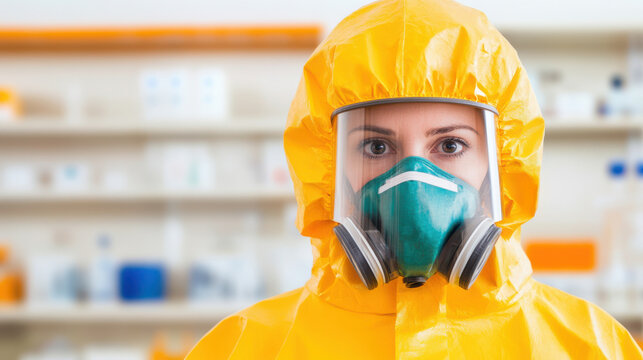 Person wearing yellow hazmat suit and protective mask stands focused in blurred laboratory background