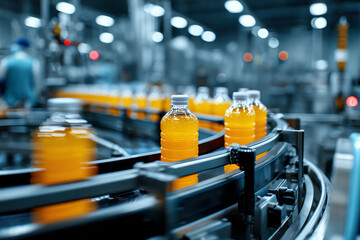 Fototapeta premium Bottles on conveyor in beverage production