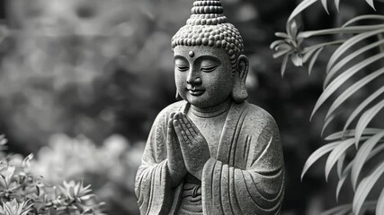 Stone Buddha statue in meditation with hands folded, peaceful garden setting, spirituality concept, Zen.