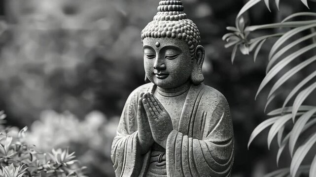 Stone Buddha statue in meditation with hands folded, peaceful garden setting, spirituality concept, Zen.