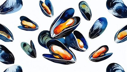 Watercolor Style Mussels with Vibrant Orange Meat on a White Background