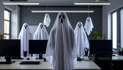 Creative Team Decorating Office Space with Faceless Ghosts