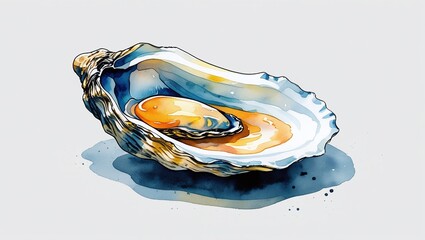 Watercolor Style Oyster with Pearl Displayed on a Neutral Background