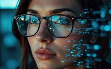Woman with Glasses and Digital Data Overlay