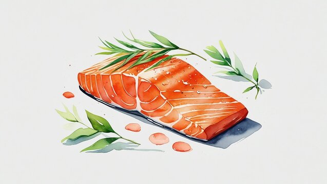 Fresh salmon fillet adorned with herbs presented in a watercolor style