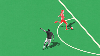 Footballer runs from rival during attacking sprint on clean green football pitch highlighting dynamic movement. Modern sport collage. Retro poster. Concept of sport, competition, match, tournament