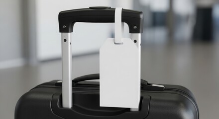 Luggage Ready for Takeoff: Close-up of a Black Suitcase with a Blank White Luggage Tag, Perfect for Travel and Vacation Promotions, and Destination Marketing Campaigns.