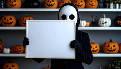 Faceless Halloween Cosplay with Empty Frame in Decorated Setting