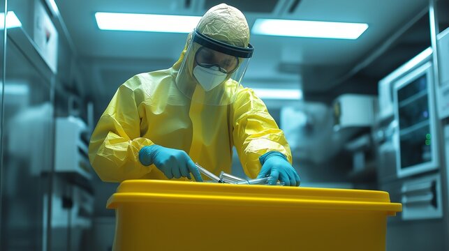 Photo-realistic image of medical waste handler in full PPE sorting pathological waste into color-coded bins in a hospital facility under indoor light