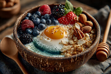 Delicious and Healthy Breakfast Bowl with Egg, Berries, and Nuts