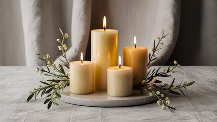 A product photography shot of four white pillar candles of varying heights arranged on a light gray surface