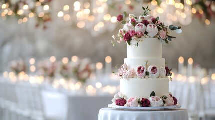 A three-tier white wedding cake adorned with pink and red flowers, set against a softly lit, elegant reception backdrop.