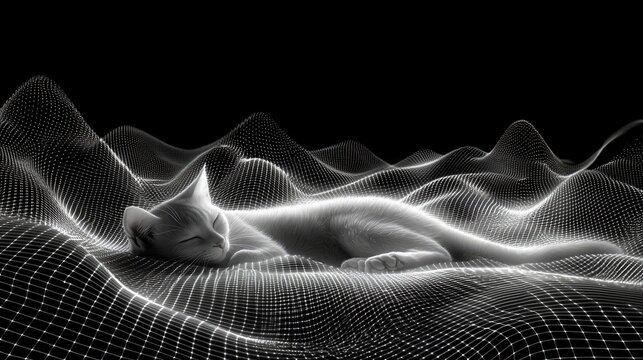  Sleeping cat in a digital landscape abstract 3d art black and white tranquil environment artistic viewpoint
