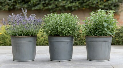 Fototapeta premium Three Herb Plants in Rustic Metal Pots Outdoor Garden