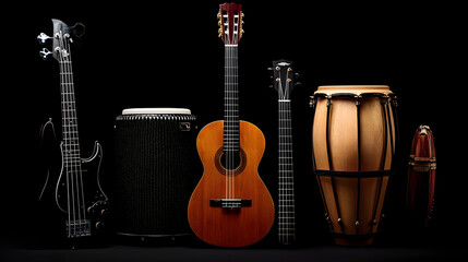 Fototapeta premium A collection of string and percussion instruments, including a bass guitar, acoustic guitar, cajon, conga, and shaker, displayed against a black background.