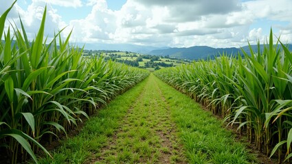 Green cornfield with rolling hills under partly cloudy sky