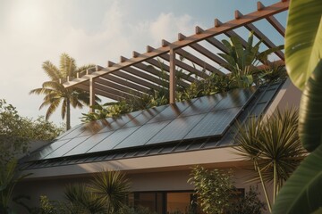 Solar panels on wooden pergola with tropical plants in sunlight
