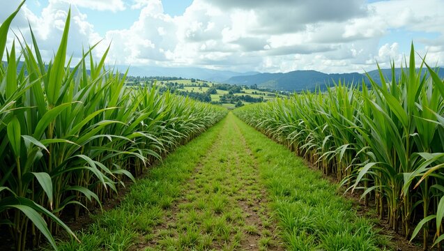 Green cornfield with rolling hills under partly cloudy sky