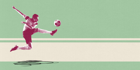 Footballer leaps forward with full-body energy against mint-green striped background, highlighting...