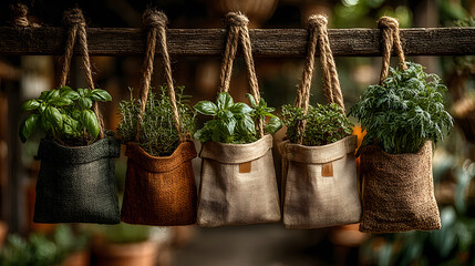 Charming Hanging Herb Garden Pots Rustic Burlap Planters with Fresh Herbs