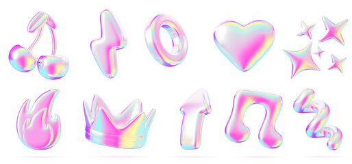Y2k holographic 3d sticker set. Rainbow liquid abstract shape. Cherry, crown, music note, heart, fire, star, lightning, arrow, spiral line with bright neon gradient, isolated elements. 3D illustration