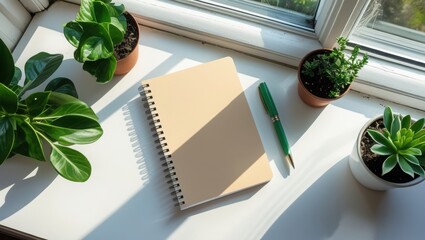 Open notebook on sunny windowsill with plants