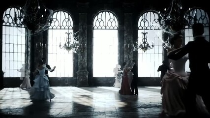 Victorian Era Couples Gracefully Waltzing in a Spooky Dark Grand Ballroom with Dramatic Lighting