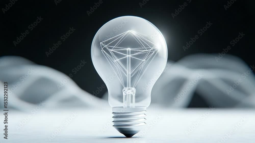 Poster brilliant idea: a light bulb with a diamond-shaped filament glows brightly against a dark background