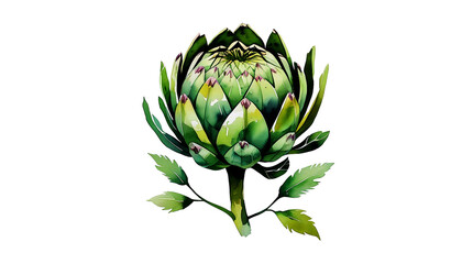 Fototapeta premium Single artichoke bud with stem and leaves against black backdrop