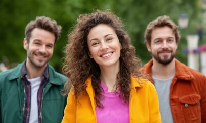 Fototapeta premium Three Friends Walking Outdoors in Vibrant Colors