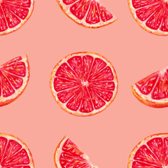Seamless pattern of grapefruit slices. Marker illustration in watercolor style. Red citrus pieces. Hand drawn isolated art. Eco friendly fruits. Background for fabric and kitchen textile, packaging