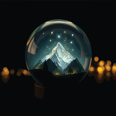 mountain view within glass ball on black background