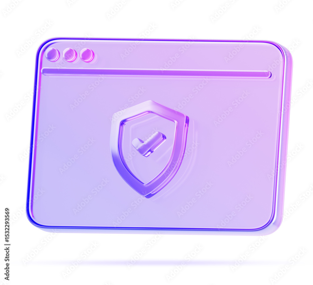 Poster glass holographic browser window with shield 3d render icon. ssl encryption, digital website securit