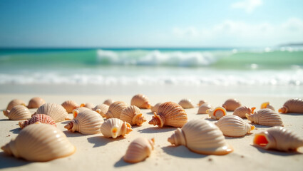 Shells and starfish on a sandy beach, soft wave in the background