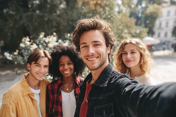 Obraz premium Four Diverse Friends Taking a Selfie in a City Park