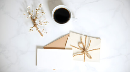 Elegant flat lay composition featuring coffee, stationary, and delicate floral accents on a marble surface.