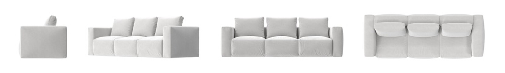 three-seat velvet sofa furniture multiple view isolated.
