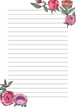 Elegant floral blank template with botanical frame &ndash; printable decorative sheet with delicate flowers and leaves, perfect for invitations, greeting cards, menu design, wedding stationery, or notes
