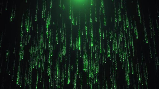 Matrix style futuristic background with cascading streams of glowing green digital code with glitch effect. Cybersecurity and hacking concept. Full HD and looping cyber technology background.