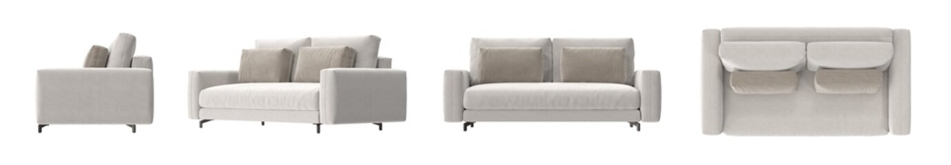 beige fabric loveseat with bolster pillows multiple view isolated.