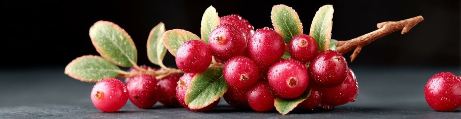 Closeup of Fresh Red Cranberries on Branch