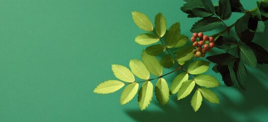 Green Background with Leaves and Berries