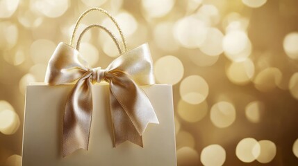 An off-white gift bag adorned with a large, elegant champagne-colored satin bow, set against a warm, bokeh-blurred golden background