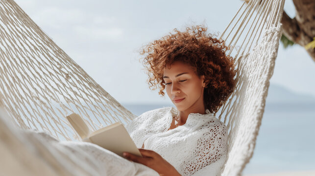 Relaxed woman reading book in hammock by the tropical beach. Peaceful summer vacation moment, solo travel, mindfulness, and slow lifestyle under warm sunlight.
