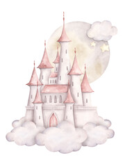 Pink dreams. Watercolor hand-drawn illustration with fairy white princess castle in the clouds with full moon. Fairytale illustration for baby girl. For design girls's parties and nursery.