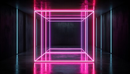 An abstract render of a cubic box with neon glow serves as an illuminated object in a dark room within a virtual reality setting, forming a futuristic wallpaper concept