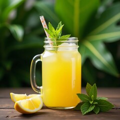 Lemonade in a jar with ice and mint on a table with tropical leaves